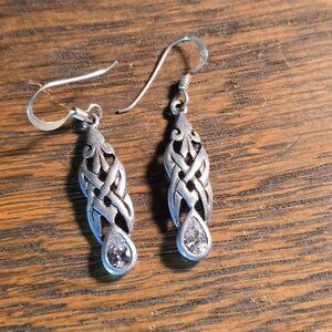 Vintage Earrings, Celtic design. Sterling silver w/ inset stone. Hook & dangle.